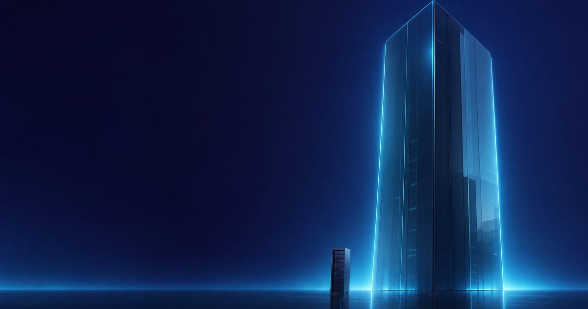 Servidor rack con varias GPU frente a un PC de sobremesa, ilustrando la diferencia de hardware entre modelos abiertos grandes y pequeños
