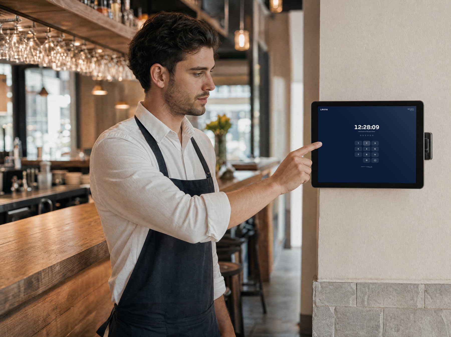 Camarero fichando con su PIN en la tablet de la barra