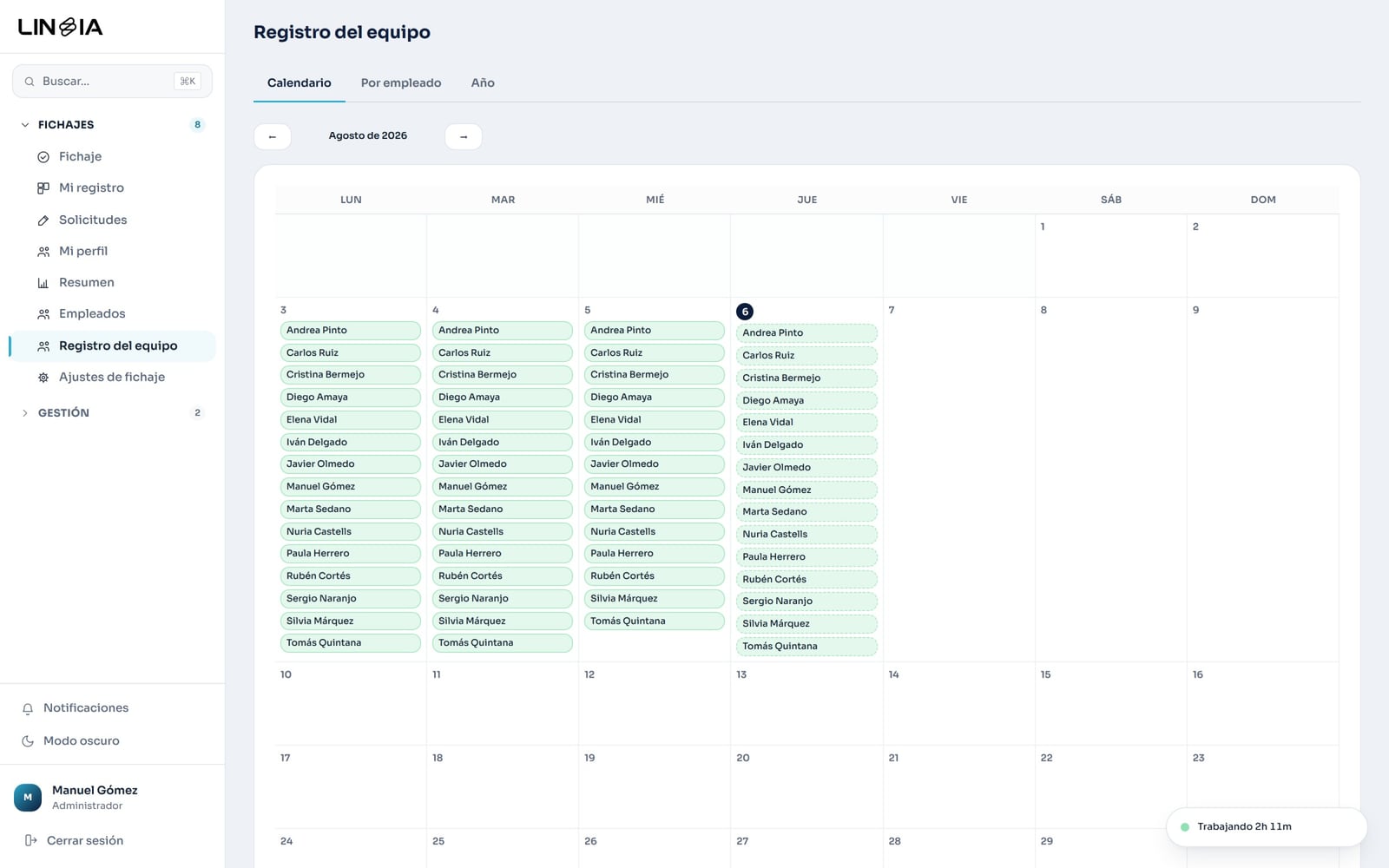 Calendario del equipo mes a mes con las jornadas de cada persona